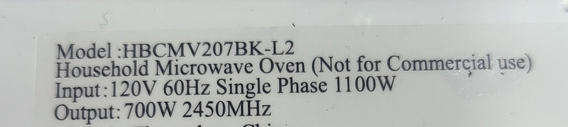 Open box Hamilton Beach Microwave Model No. HBCMV207BK-L2