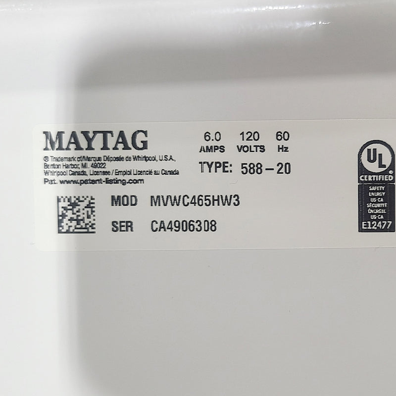 Used Maytag Washer Model No. MVWC465HW3 Serial No.: CA4906308