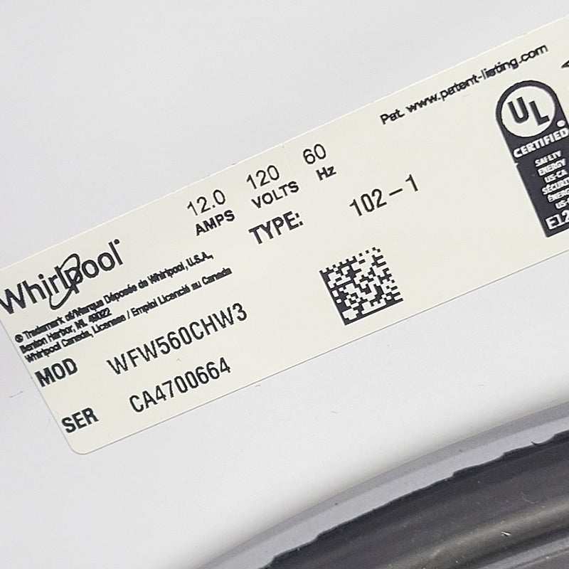 Used Whirlpool Washer and Dryer Set Model No. WFW560CHW3-YWED5620HW2