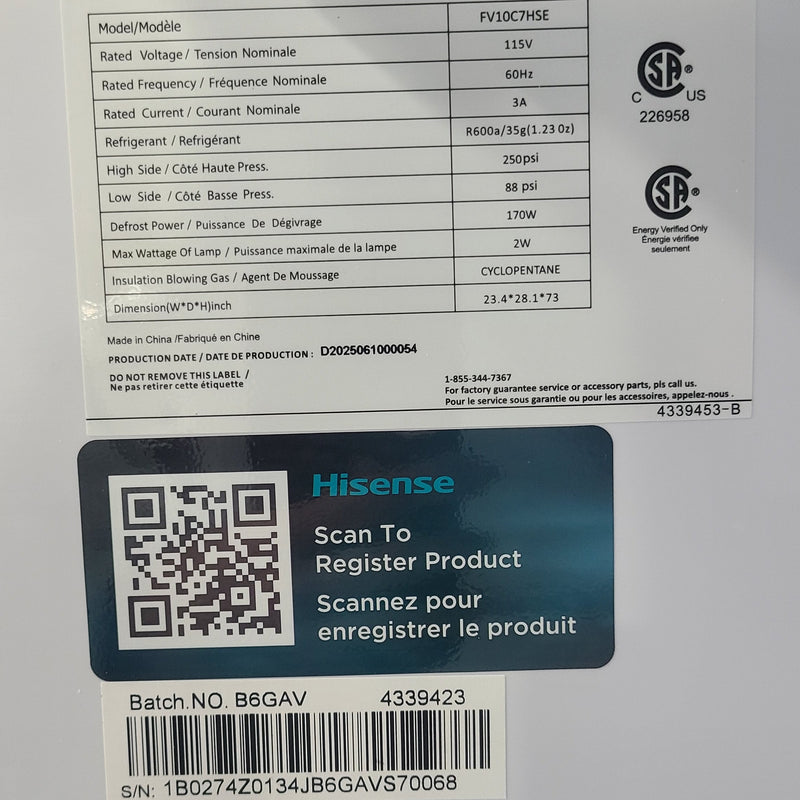 Open Box Hisense 10 cu ft. Convertible Upright Freezer or Fridge Model No. FV10C7HSE Ser