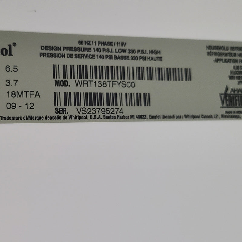 Used Whirlpool Refrigerator Model No.  WRT138TFYS00