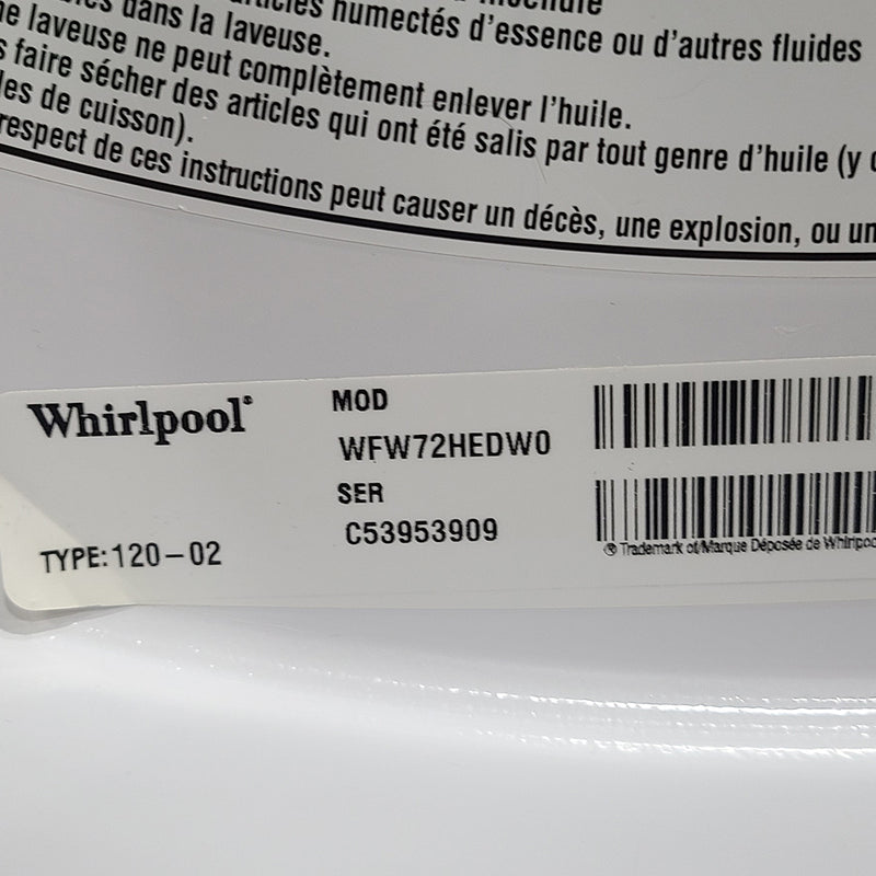 Used Whirlpool Washer and Dryer Set Model No. WFW72HEDW0 – YWED72HEDW0