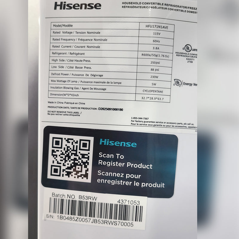 Open box (Scratch and Dent) Hisense 17 cu ft. Convertible Upright Freezer or Fridge with Reversible Door Model No. HFU171N1AVE Serial Number: 1B0485Z0057JB53RWS70005