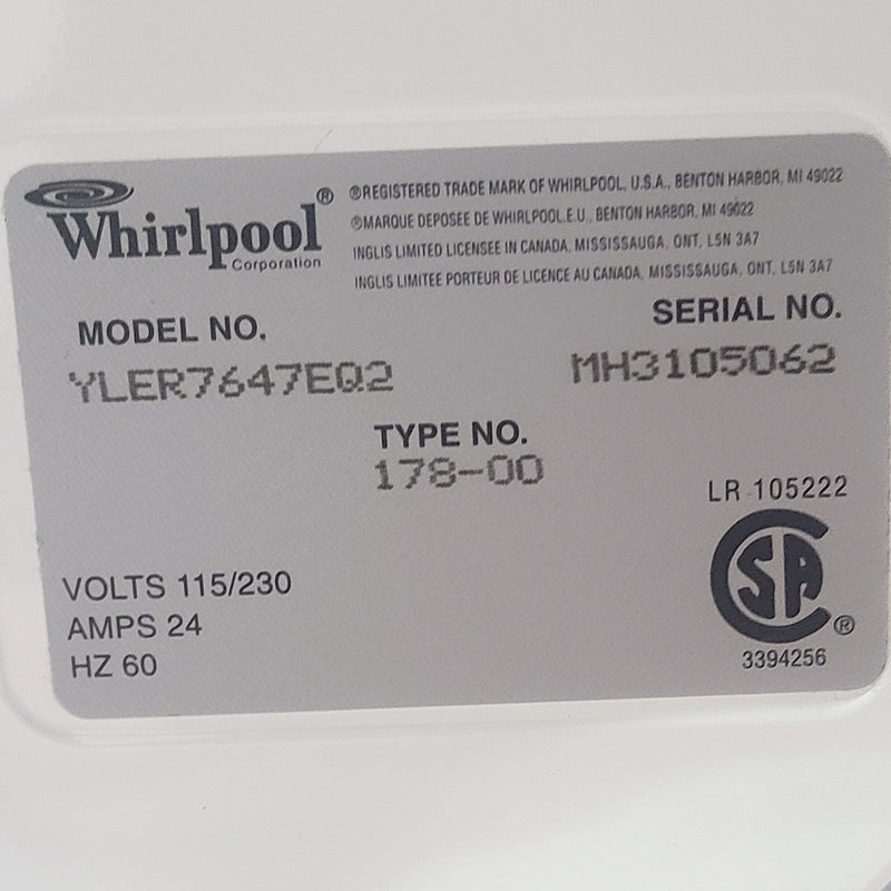 Used Whirlpool Washer and Dryer Set Model No. YLSR8233EQ0 - YLER7647EQ2