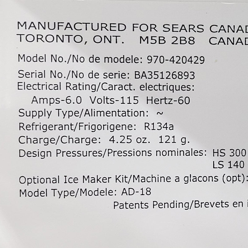 Used Frigidaire Refrigerator Model No. 970-420429