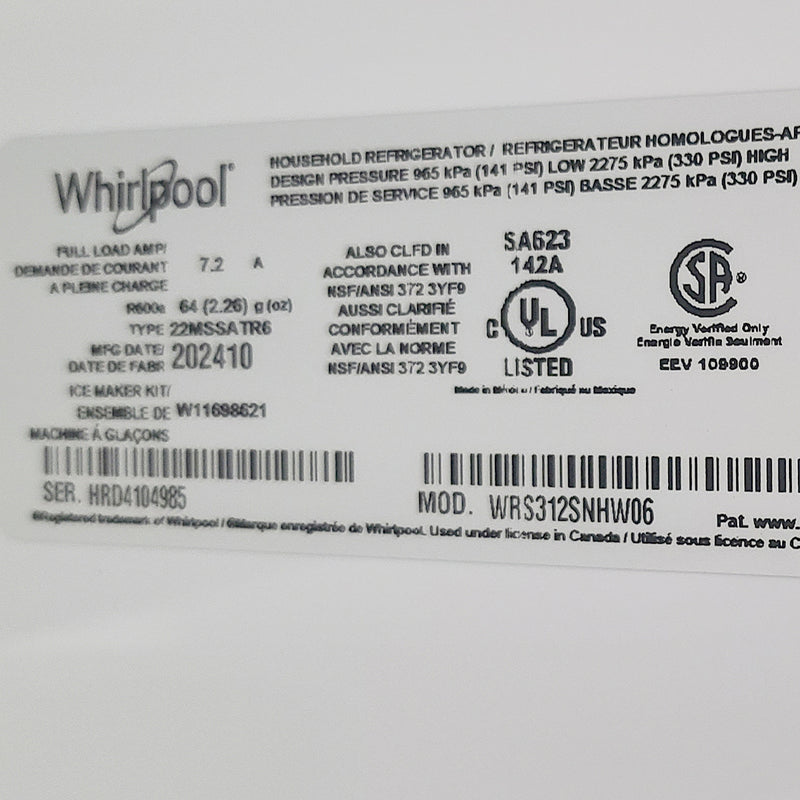 Open Box Whirlpool Refrigerator Model No. WRS312SNHW BEFORE: $1,216.00