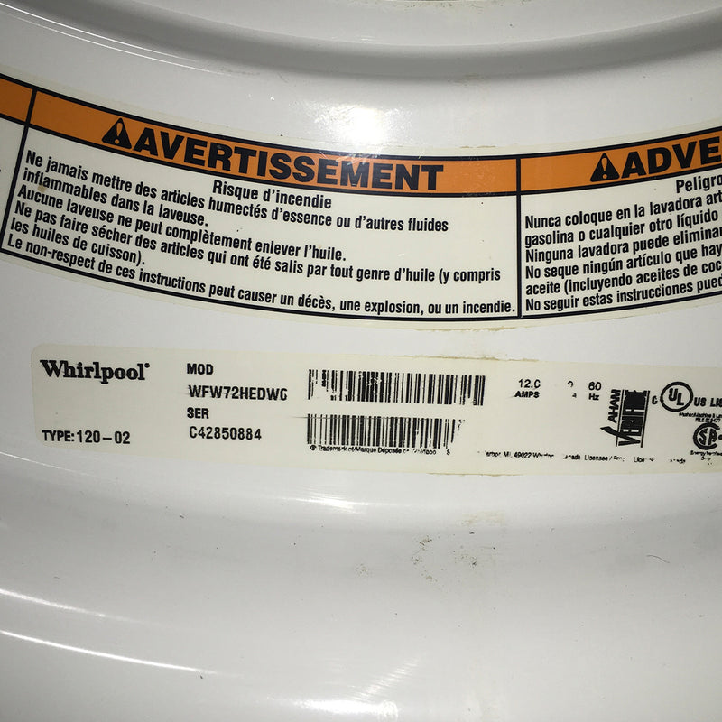 Used Whirlpool Washer Model No. WFW72HEDW0 Serial C42850884