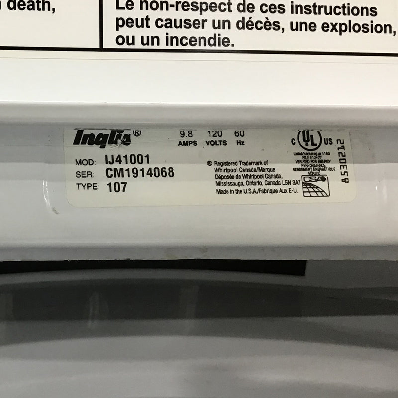 Used Inglis Washer and Dryer Set Model No. IJ41001 – IV86000