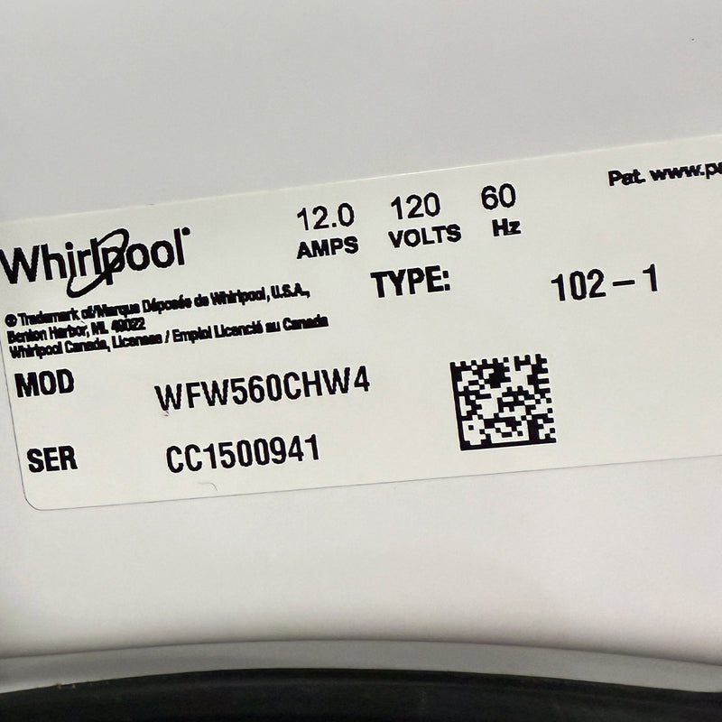 Used Whirlpool Washer and Dryer Set Model No. WFW560CHW4 - YWED5620HW2
