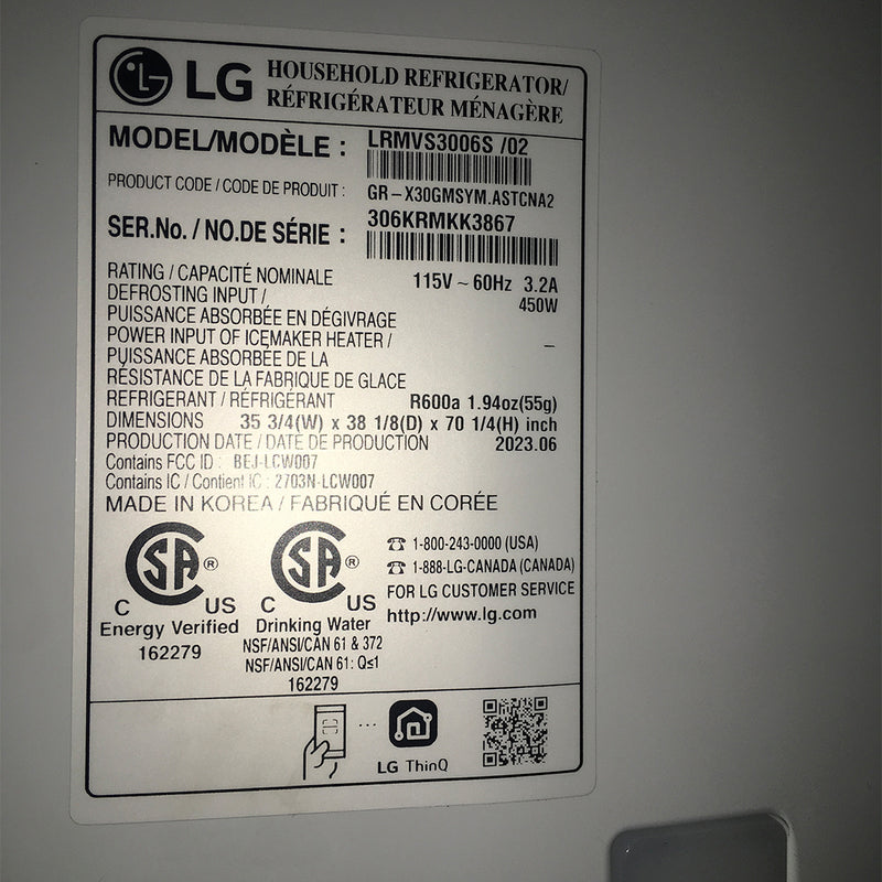 LG Refrigerator Model No. LRMVS3006S /02 Serie: 306KRMKK3867