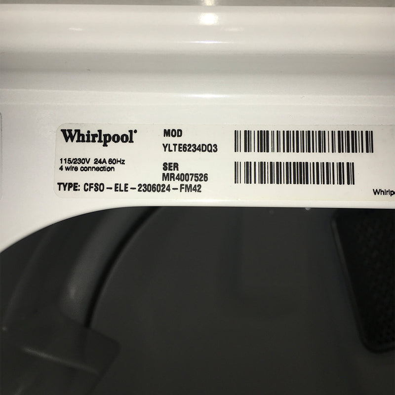 Used Whirlpool 27" Laundry Center Model No. YLTE6234DQ3 Serial MR4007526