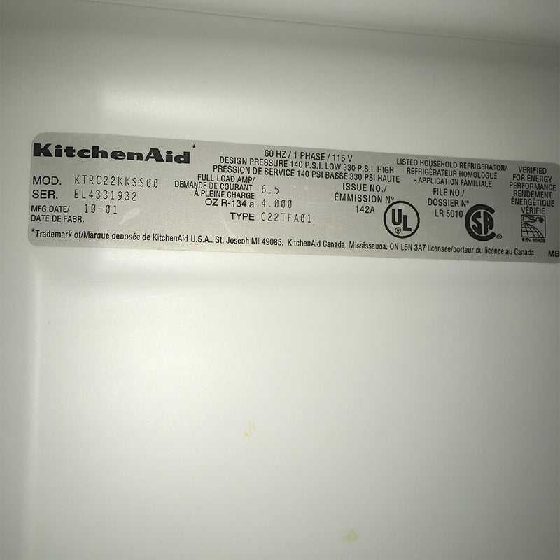 Used KitchenAid Refrigerator Model No. KTRC22KKSS00