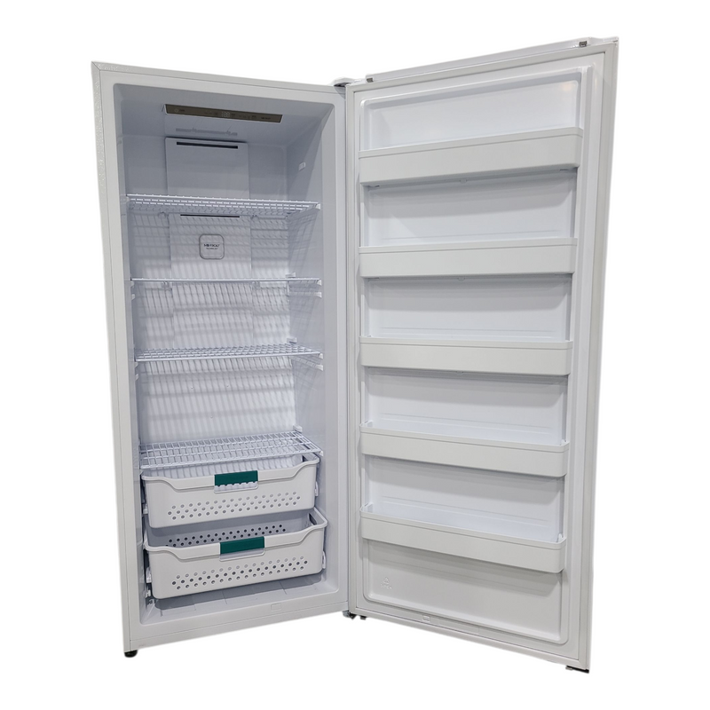 Open Box Hisense 21.2 cu ft. White Convertible Upright Fridge or Freezer with Reversible Door Freezer or Fridge Model No. FV21C7HWE Serial No.: 1B0590Z0134JBAPTQS70178