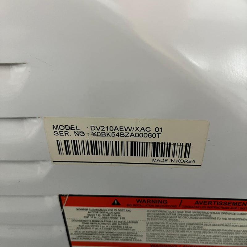 Samsung Washer and Dryer Set Model No. WF210ANW/XAC - DV210AEW/XAC