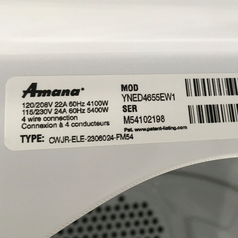 Used Amana Washer and Dryer Set Model No. NTW4705EW0 - YNED4655EW1