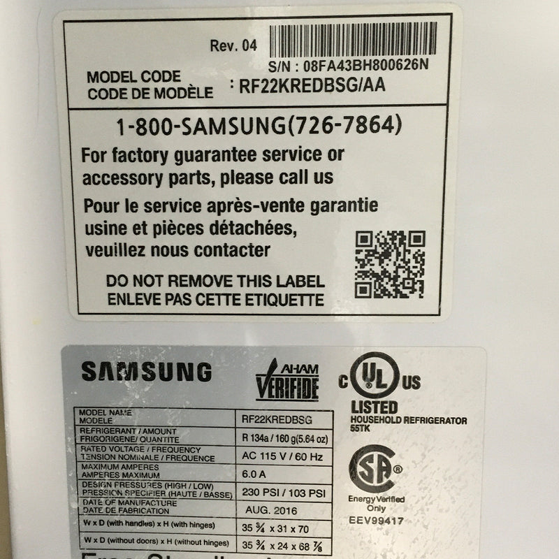 Used Samsung Refrigerator Model No. RF22KREDBSG/AA