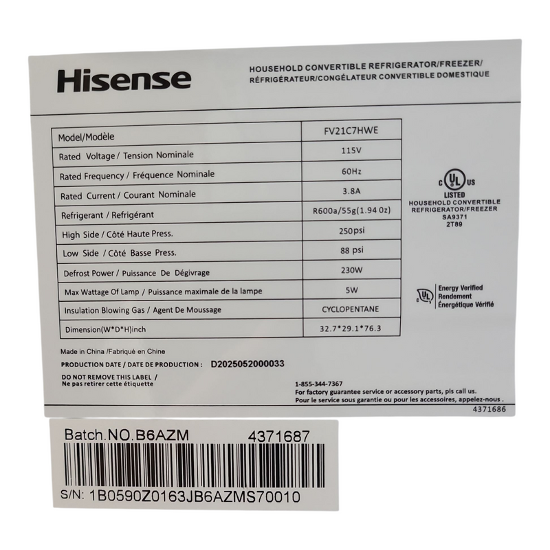 Open Box Hisense 21.2 cu ft. White Convertible Upright Fridge or Freezer with Reversible Door Freezer or Fridge Model No. FV21C7HWE Serial No.: 1B0590Z0163JB6AZMS70010