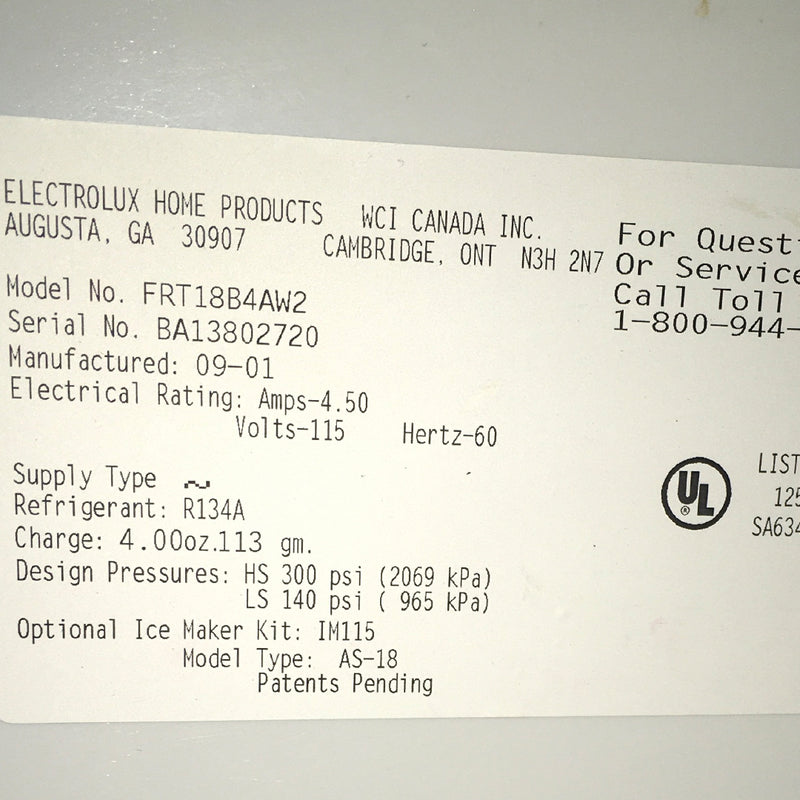 Frigidaire Refrigerator Model No. FRT18B4AW2
