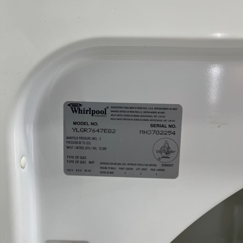 Whirlpool Washer and Dryer Set Model No. YLGR7647EQ2-LSQ8220HQ0