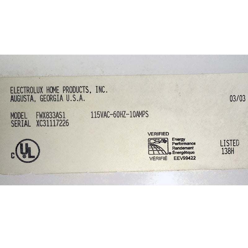 Frigidaire Washer Model No. FWX833AS1