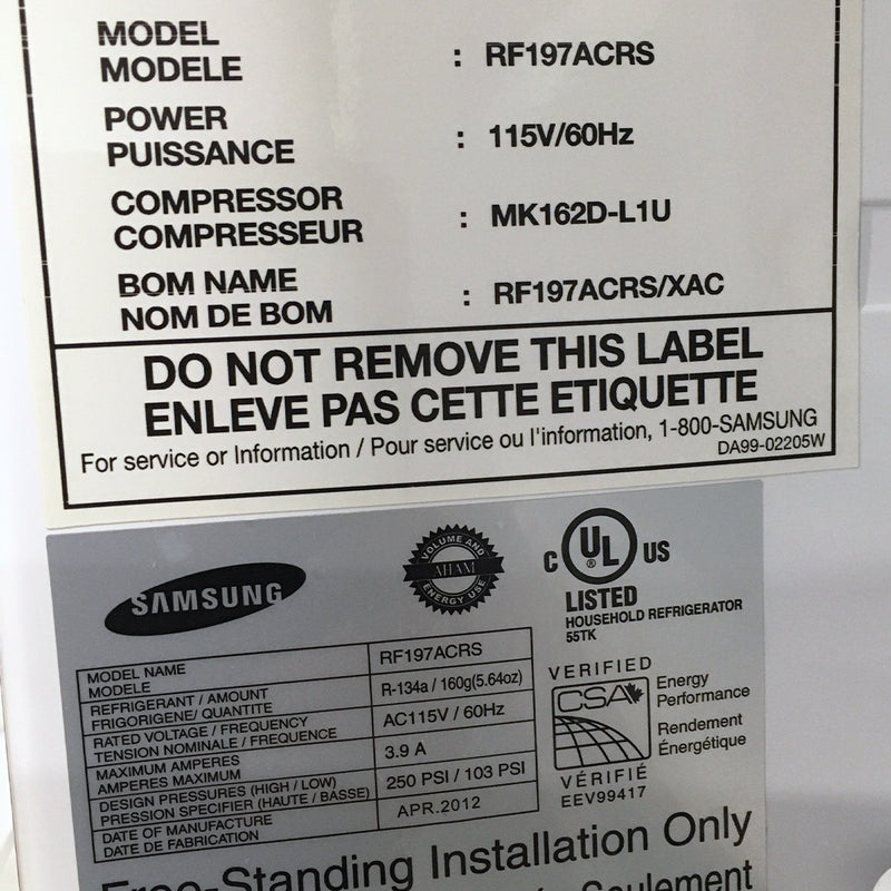 Samsung Refrigerator Model No. RF197ACRS