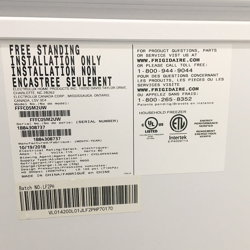 Frigidaire Freezer Model No. FFFC05M2UW