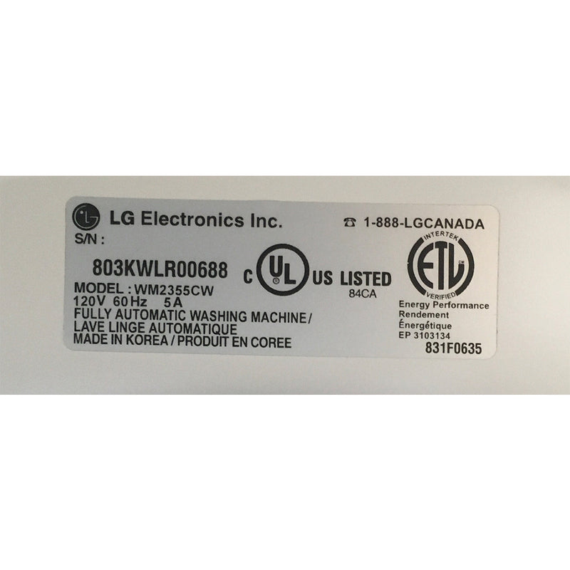 LG Washer and Dryer Set Model No. WM2355CW – DLE5955W