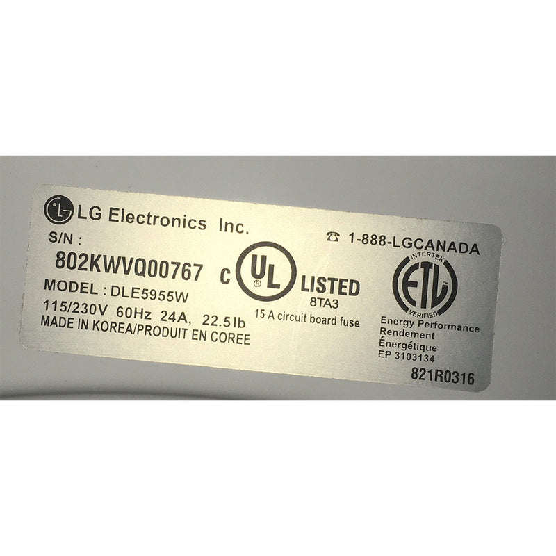 LG Washer and Dryer Set Model No. WM2355CW – DLE5955W