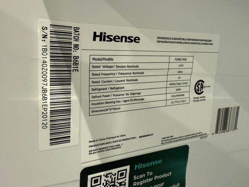 Open Box Hisense Convertible Upright Fridge or Freezer Mod# FV06C7ASE S# 1B014020097JB6B1EP20120
