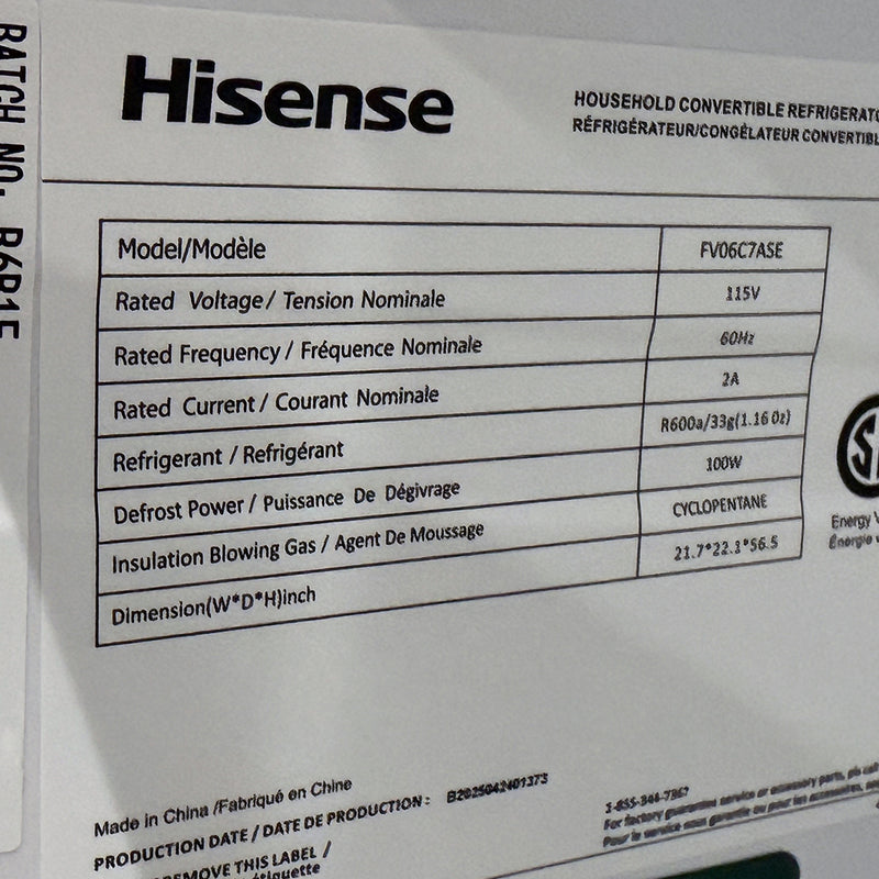 Open Box Hisense Convertible Upright Fridge or Freezer Mod# FV06C7ASE S# 1B014020097JB6B1EP20120