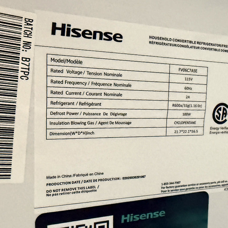 Open Box Hisense Convertible Upright Fridge or Freezer Mod# FV06C7ASE S# 1B0140Z0093JB7TPCP20934