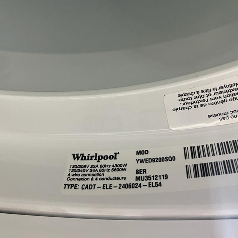Whirlpool Washer and Dryer Set Model No. WFW9200SQA12 – YWED9200SQ0