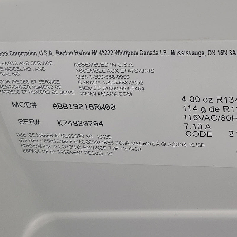 Used Amana Refrigerator Model No. ABB1921BRW00