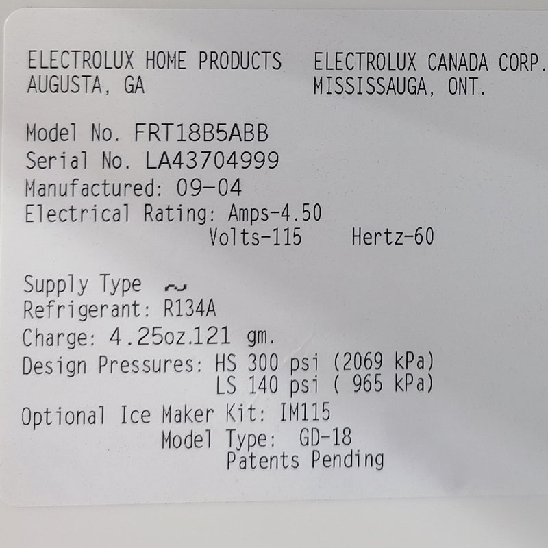 Used Frigidaire Refrigerator Model No. FRT18B5ABB