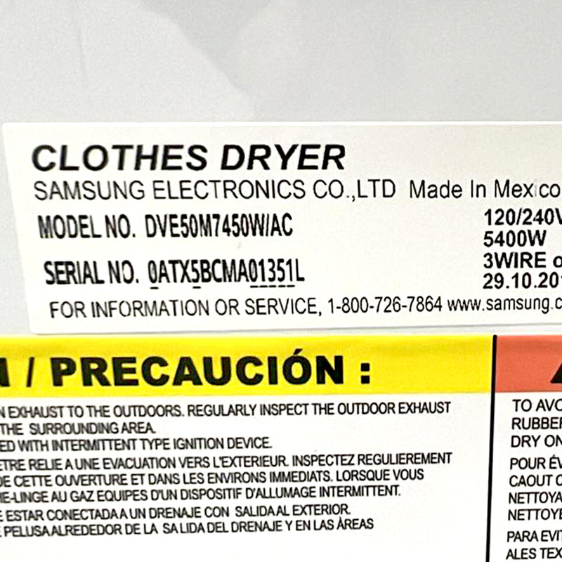 Used Samsung Dryer Model No. DVE50M7450W/AC