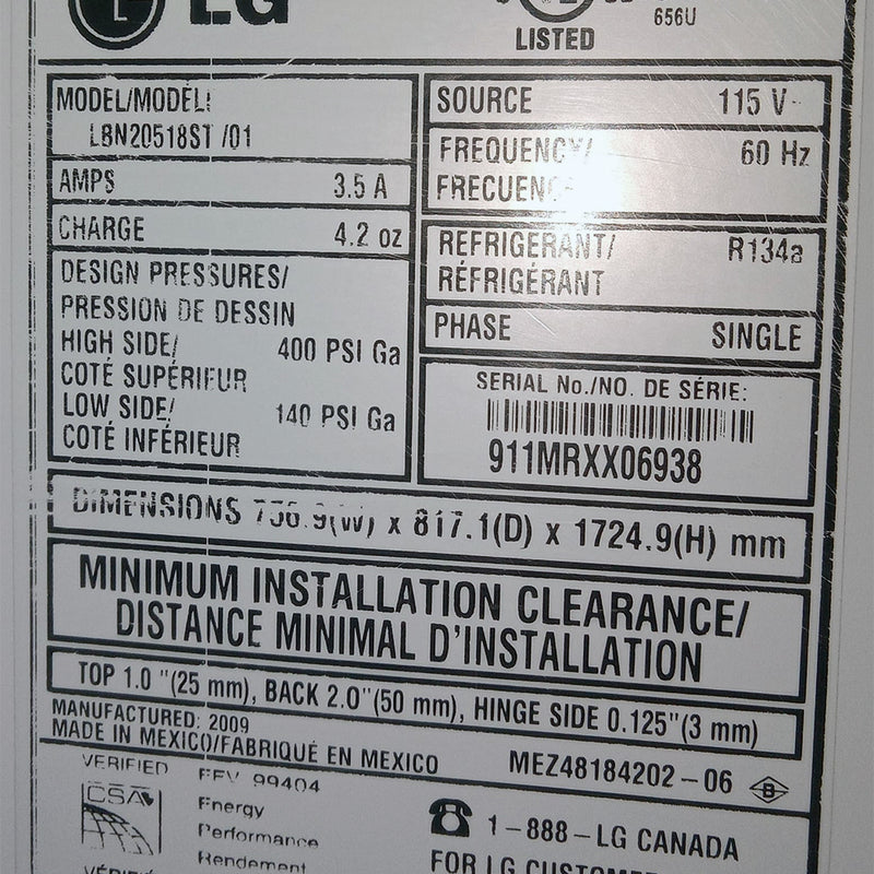 LG Refrigerator Model No. LBN20518ST/01